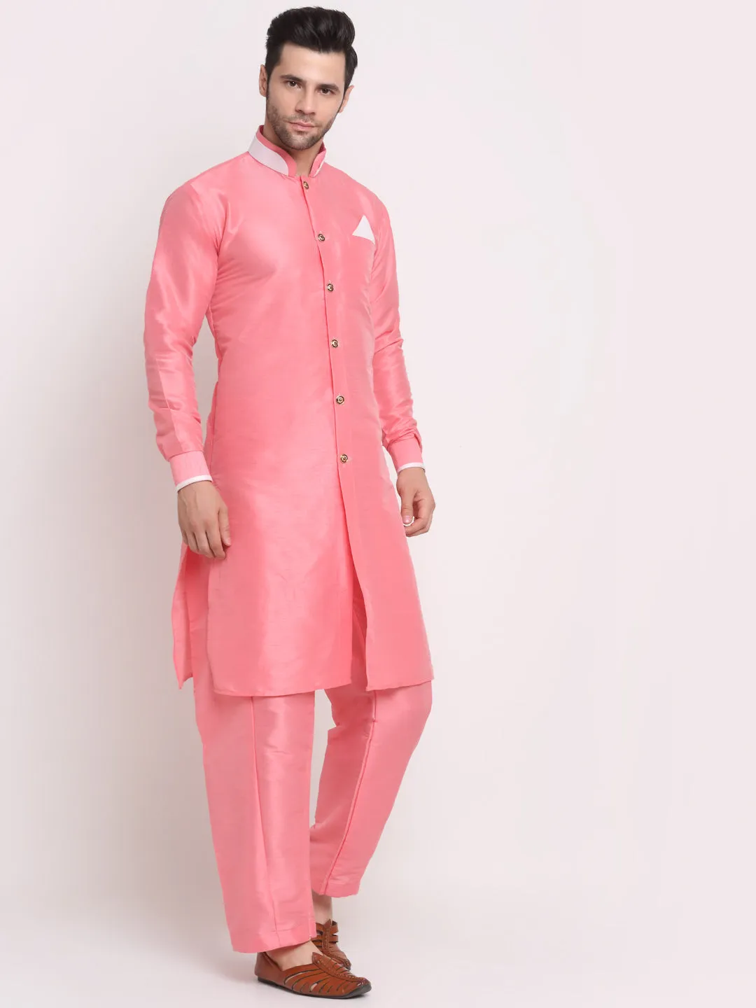 Men's Pink Solid Kurta With Pyjamas Set - Benstoke