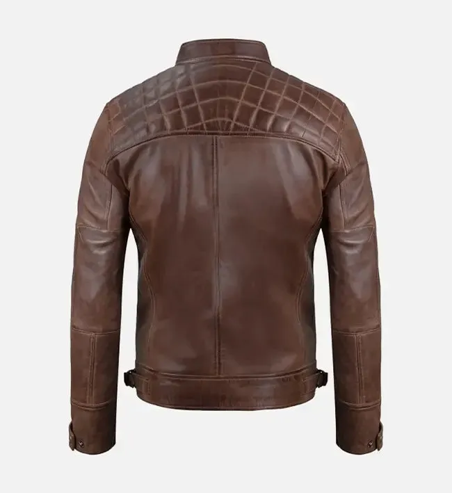 Men’s Quilted Shoulder Brown Cafe Racer Leather Jacket