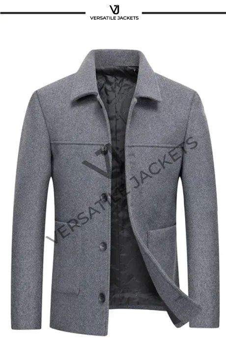 Men's Short Wool Blend Jacket - Fashionable Thick Lapel Overcoat, Solid Color