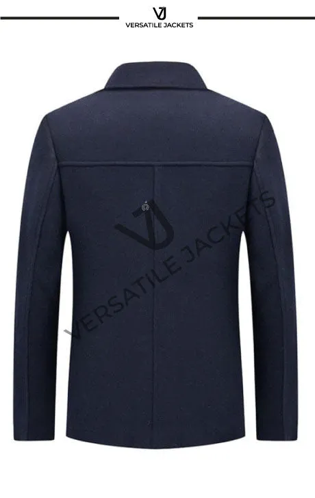 Men's Short Wool Blend Jacket - Fashionable Thick Lapel Overcoat, Solid Color