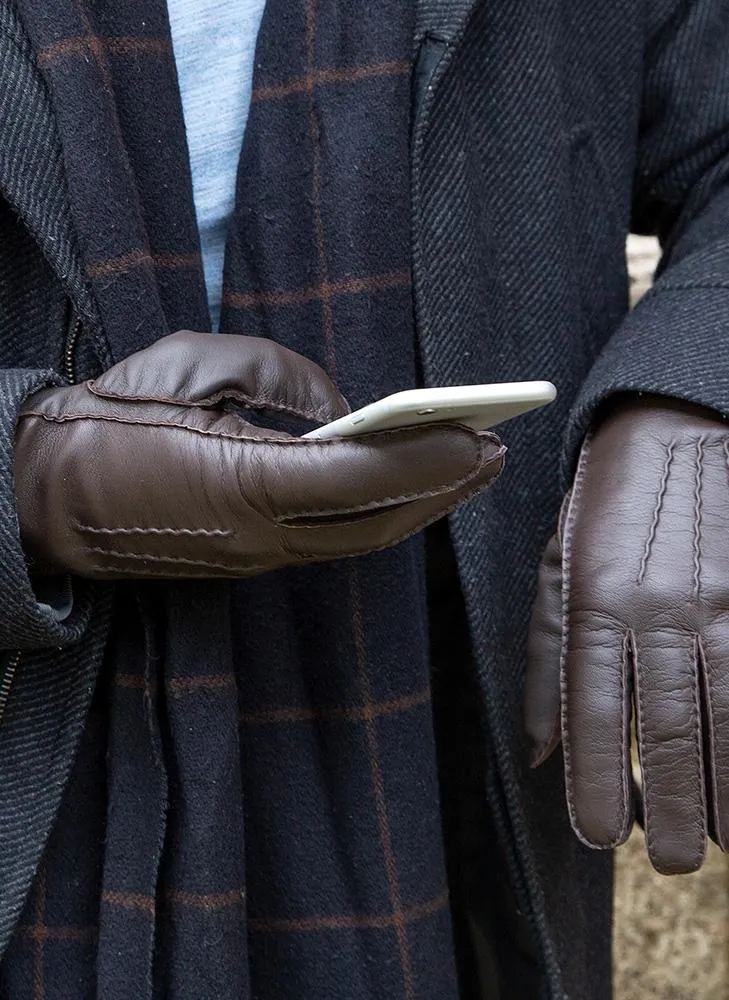 Men's Touchscreen Handsewn Three-Point Cashmere-Lined Leather Gloves