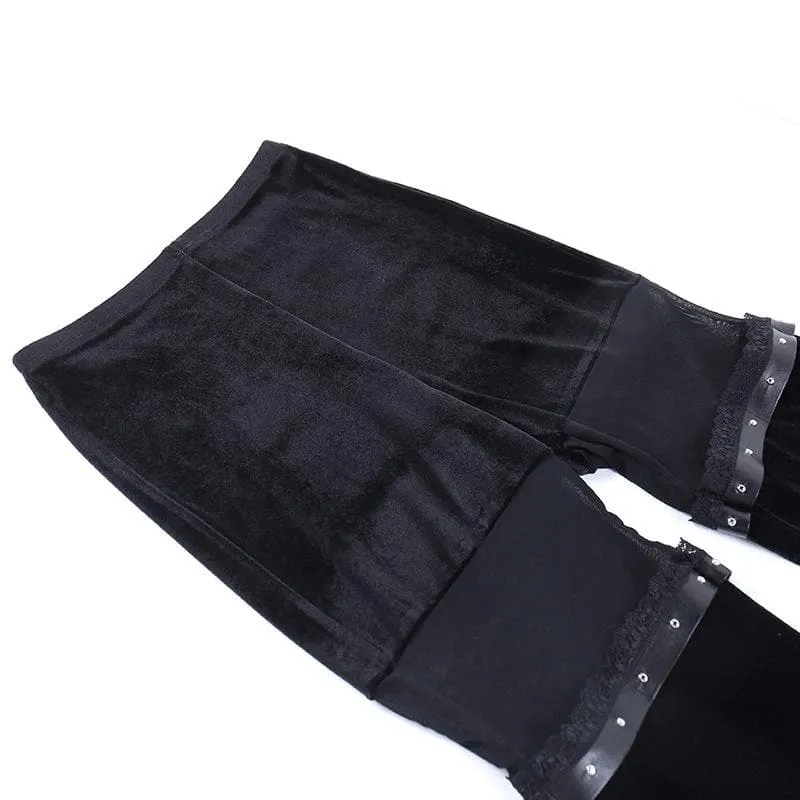 Mesh patchwork solid lace hem velvet flared pant