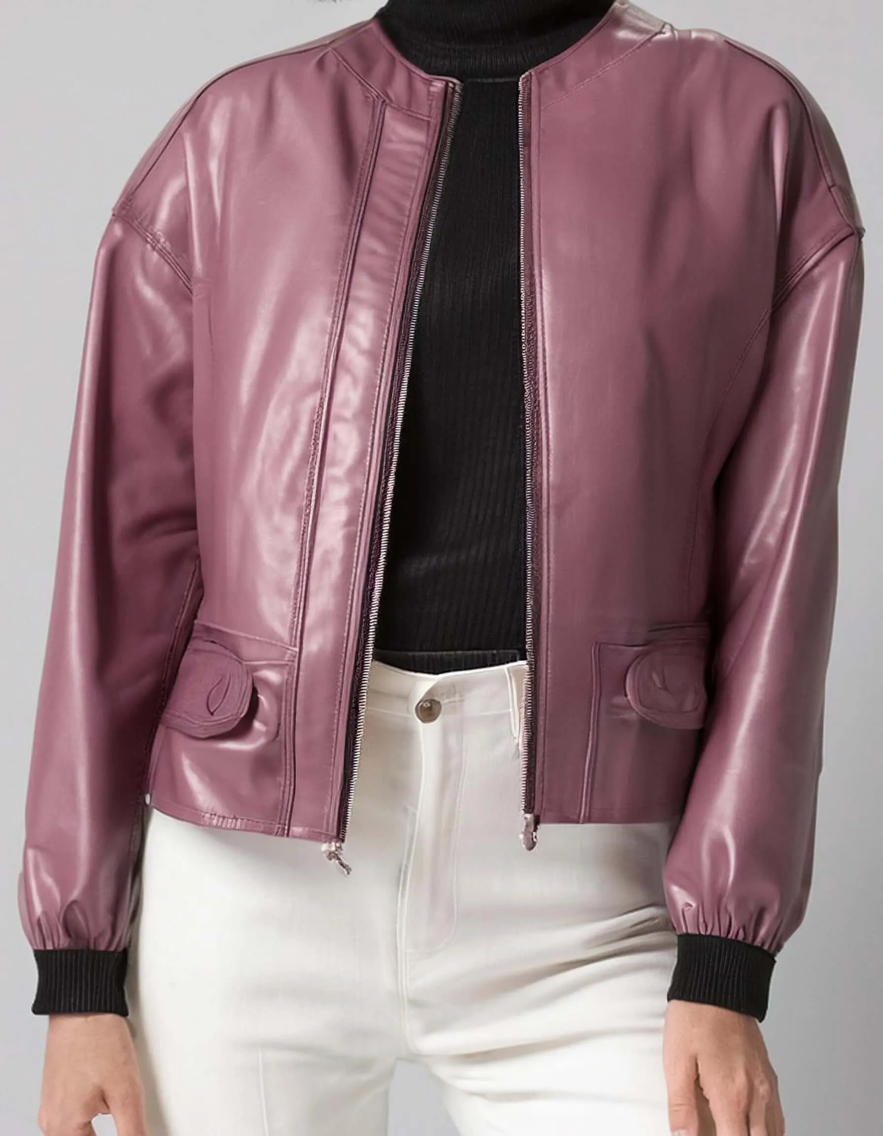 Metallic Plum Bomber Leather Jacket