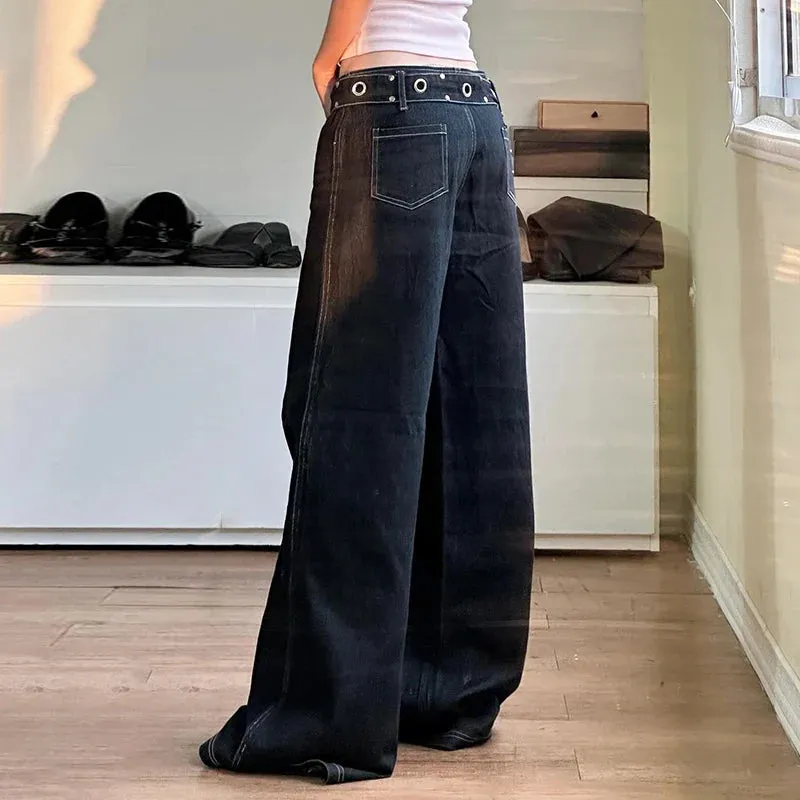 Metaversmall Streetwear Gothic Dark Low Rise Flared Jeans Solid Metal Buttons Harajuku Denim Trousers Academia Oversized Pants New