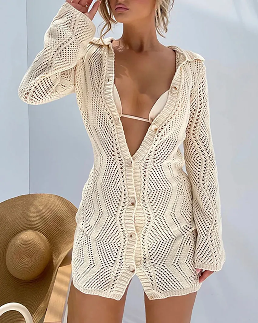 Mid-length slim lapel buttoned knitted cardigan