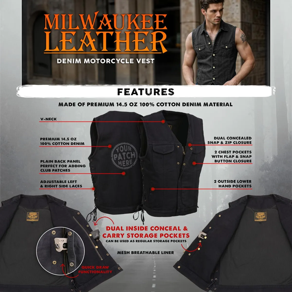 Milwaukee Leather MDM3013 Men's 'Brute' Concealed Snap Black Denim V-Neck Side Lace Club Style Vest w/Hidden Zipper