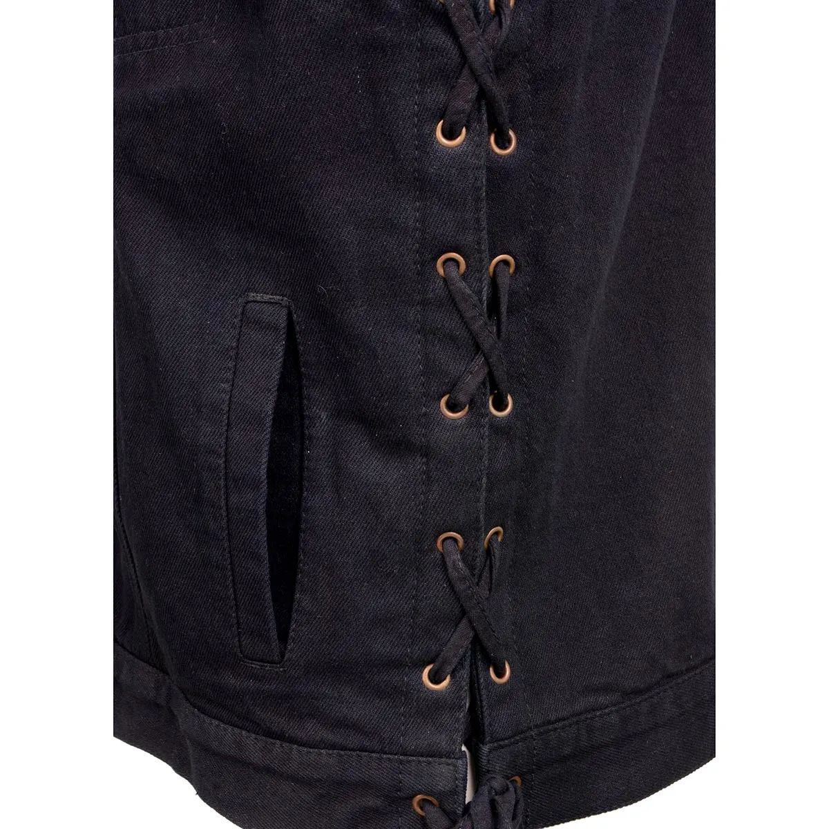 Milwaukee Leather MDM3013 Men's 'Brute' Concealed Snap Black Denim V-Neck Side Lace Club Style Vest w/Hidden Zipper