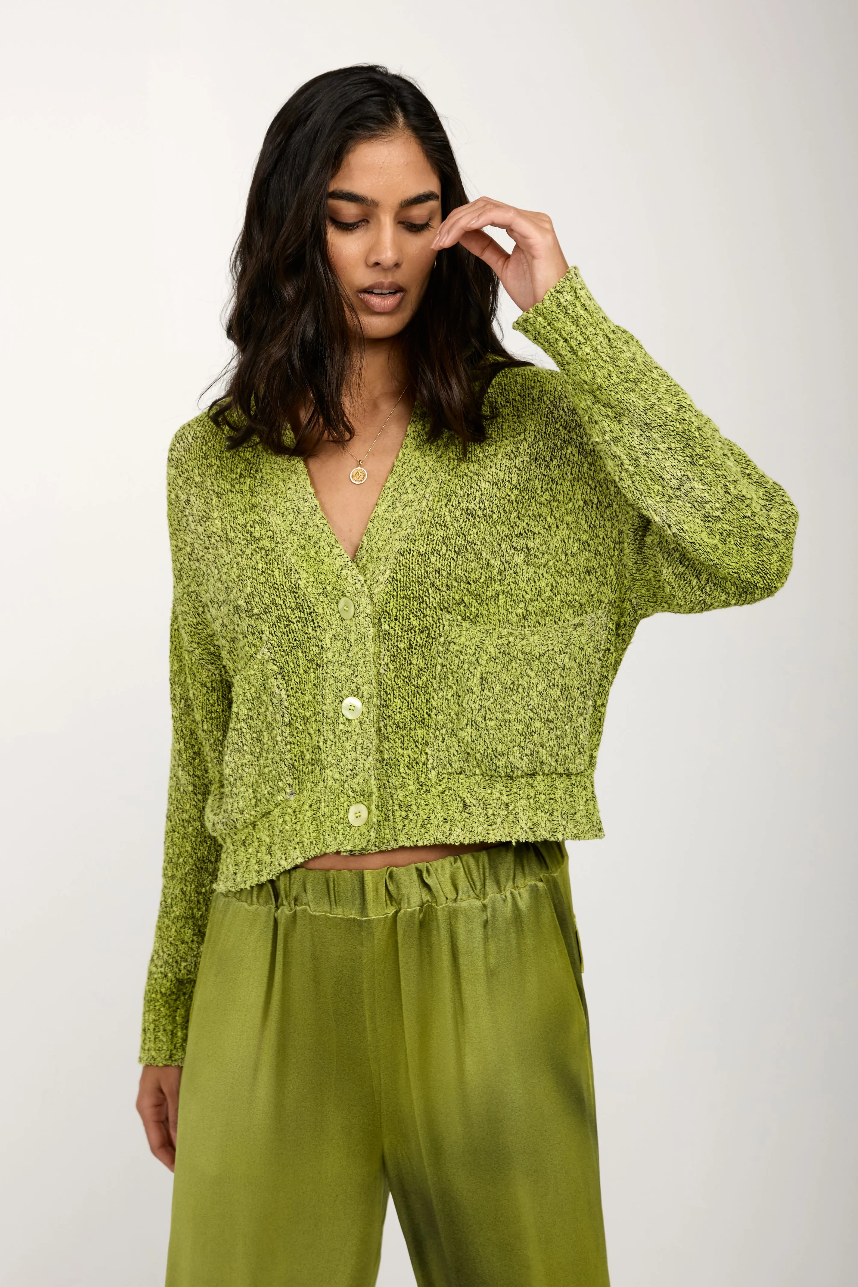 Mouliné Boxy Cotton Cardigan in Lime