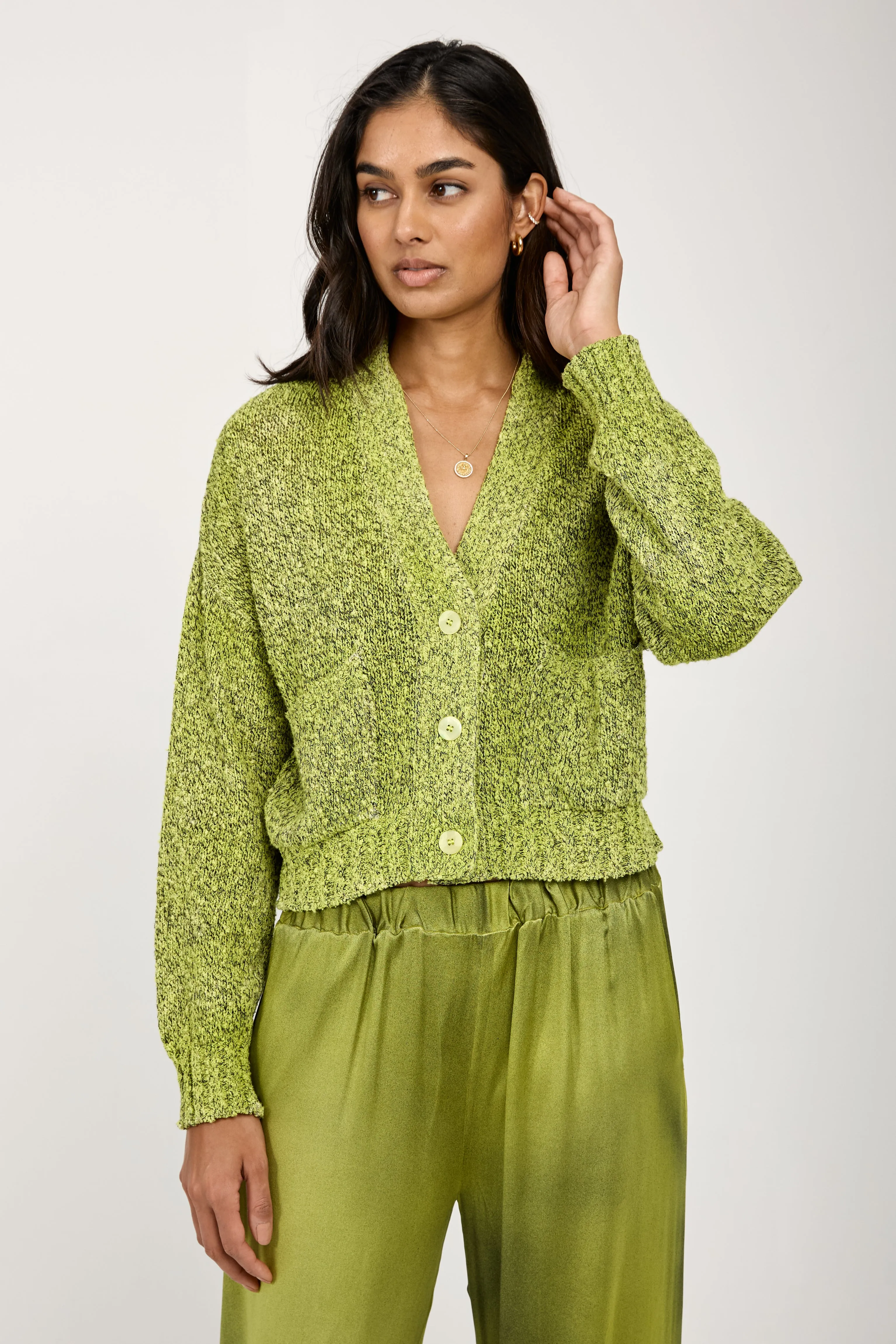 Mouliné Boxy Cotton Cardigan in Lime