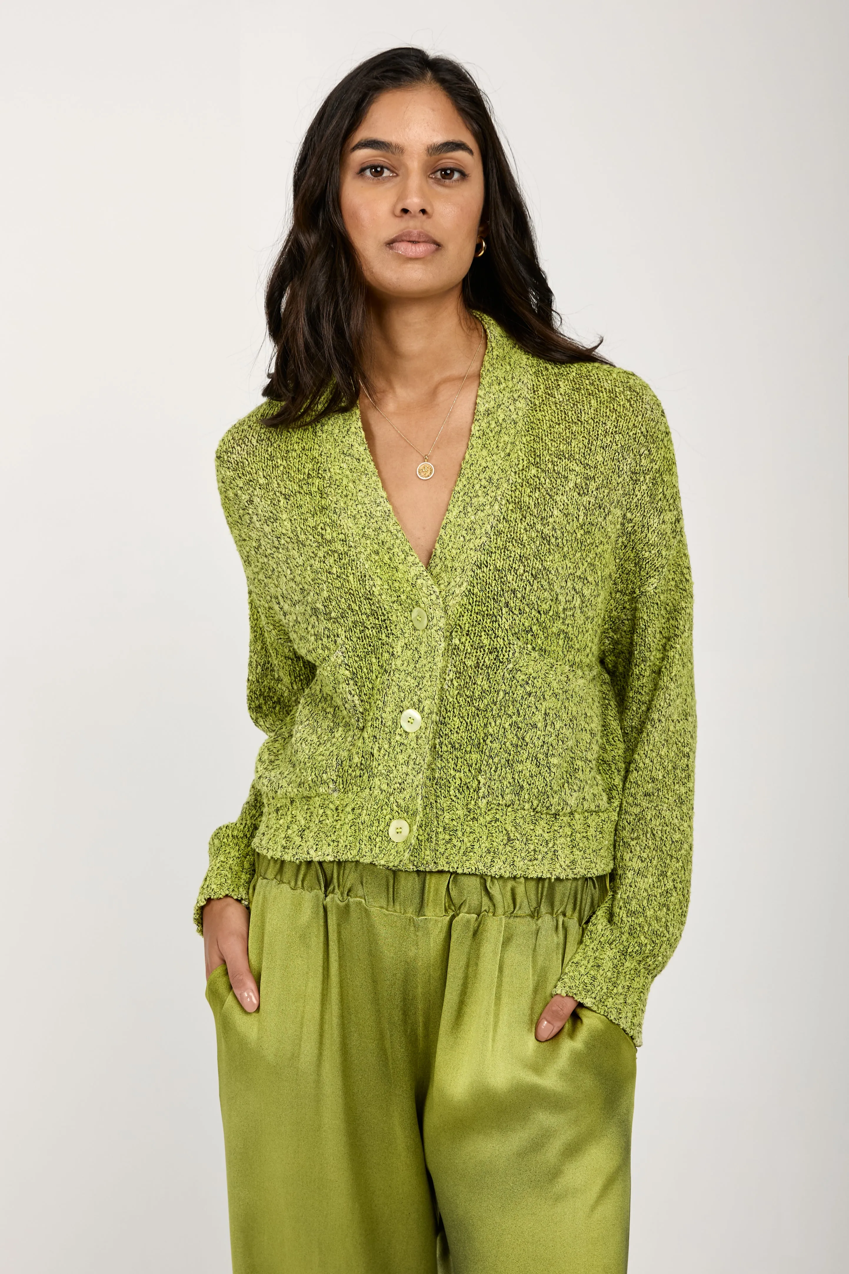 Mouliné Boxy Cotton Cardigan in Lime