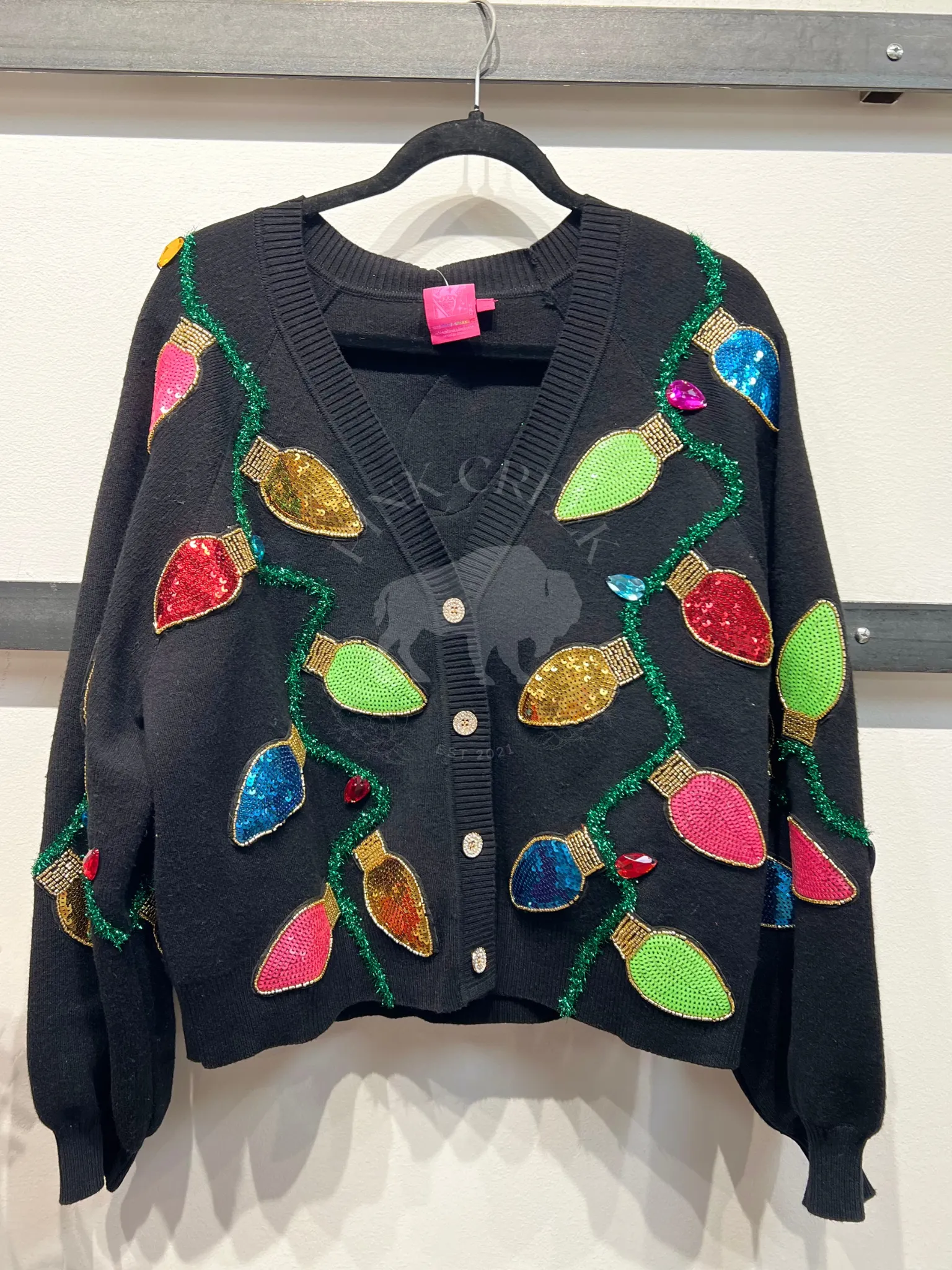 Multi Christmas Light Cardigan With Tinsel & Jewels - Black [Queen of Sparkles]