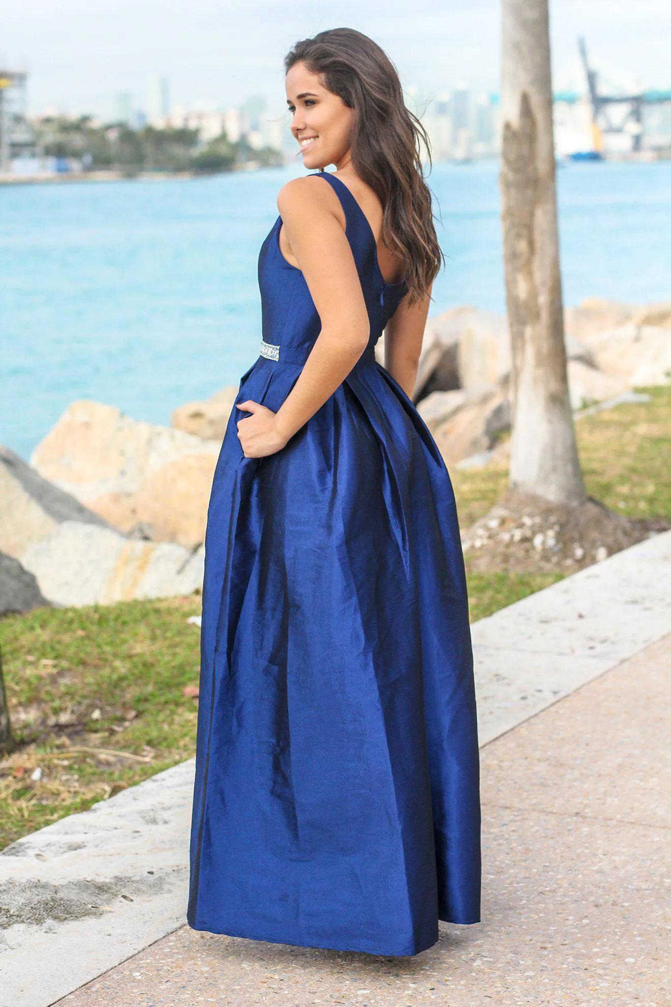 Navy Maxi Dress with Waist Detail