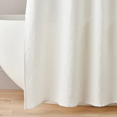 New - Textured Horizontal Stripe Matelassé Shower Curtain Cream - Hearth & Hand with