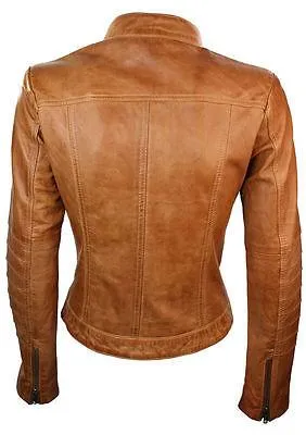 New Women Ladies Biker Brown Genuine Real Leather Jacket