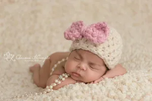 Newborn Bow Hat Cream Pink Photography Prop