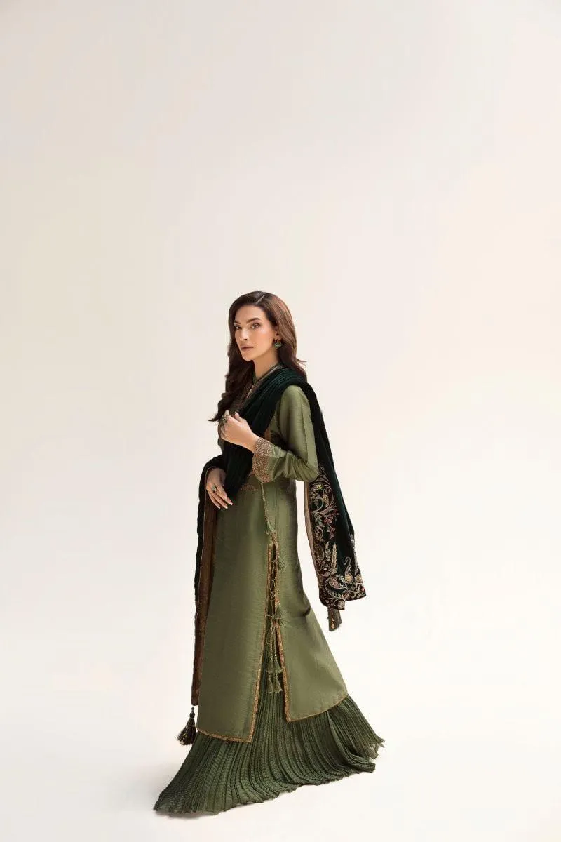 Nilofer Shahid - Emerald Raw Silk Shirt & Pure Silk Pants with Pure Velvet Shawl - 3 Piece