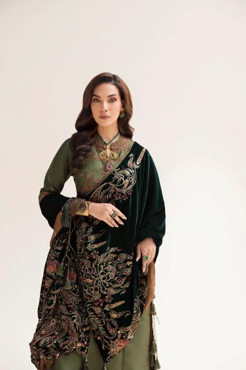 Nilofer Shahid - Emerald Raw Silk Shirt & Pure Silk Pants with Pure Velvet Shawl - 3 Piece