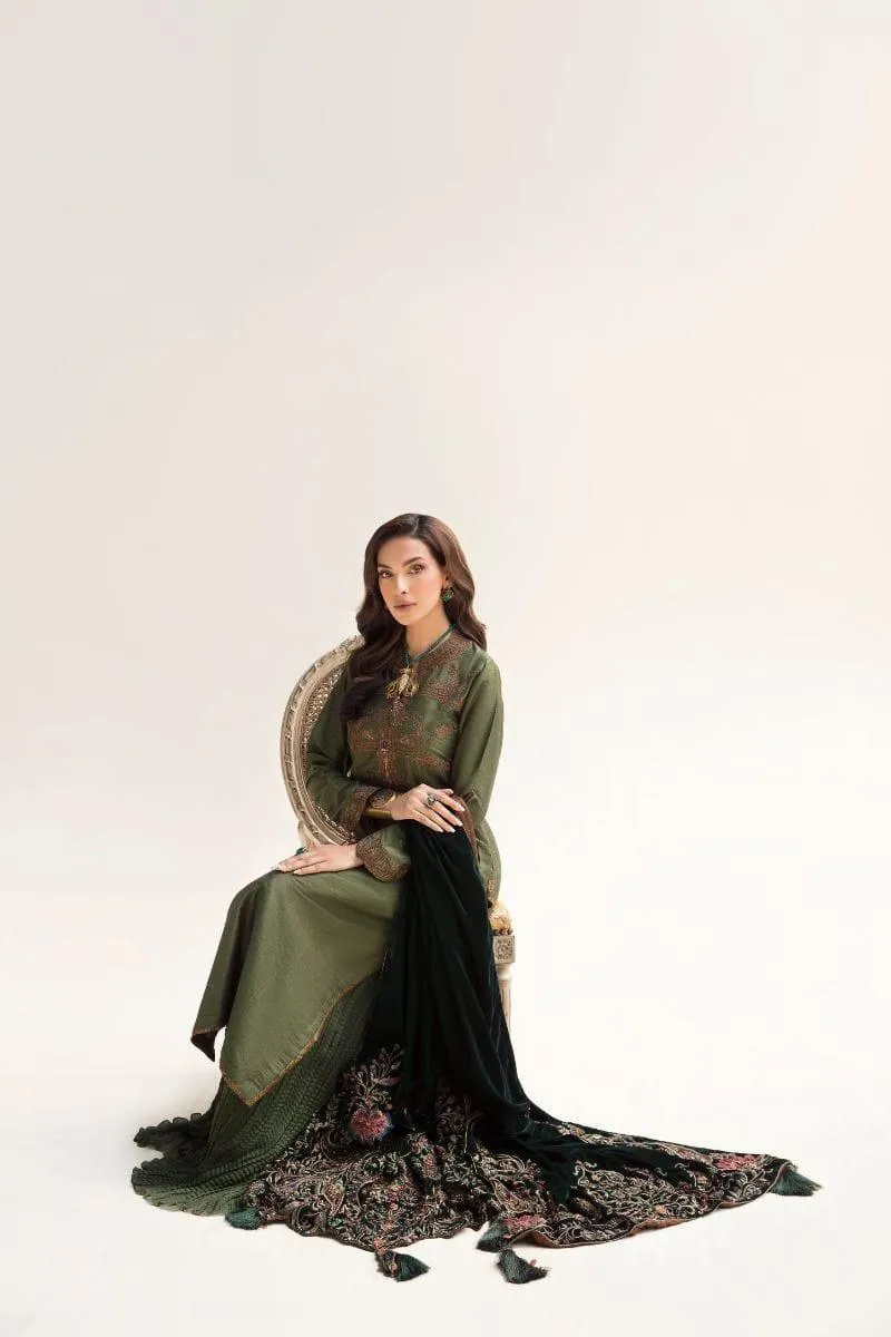 Nilofer Shahid - Emerald Raw Silk Shirt & Pure Silk Pants with Pure Velvet Shawl - 3 Piece