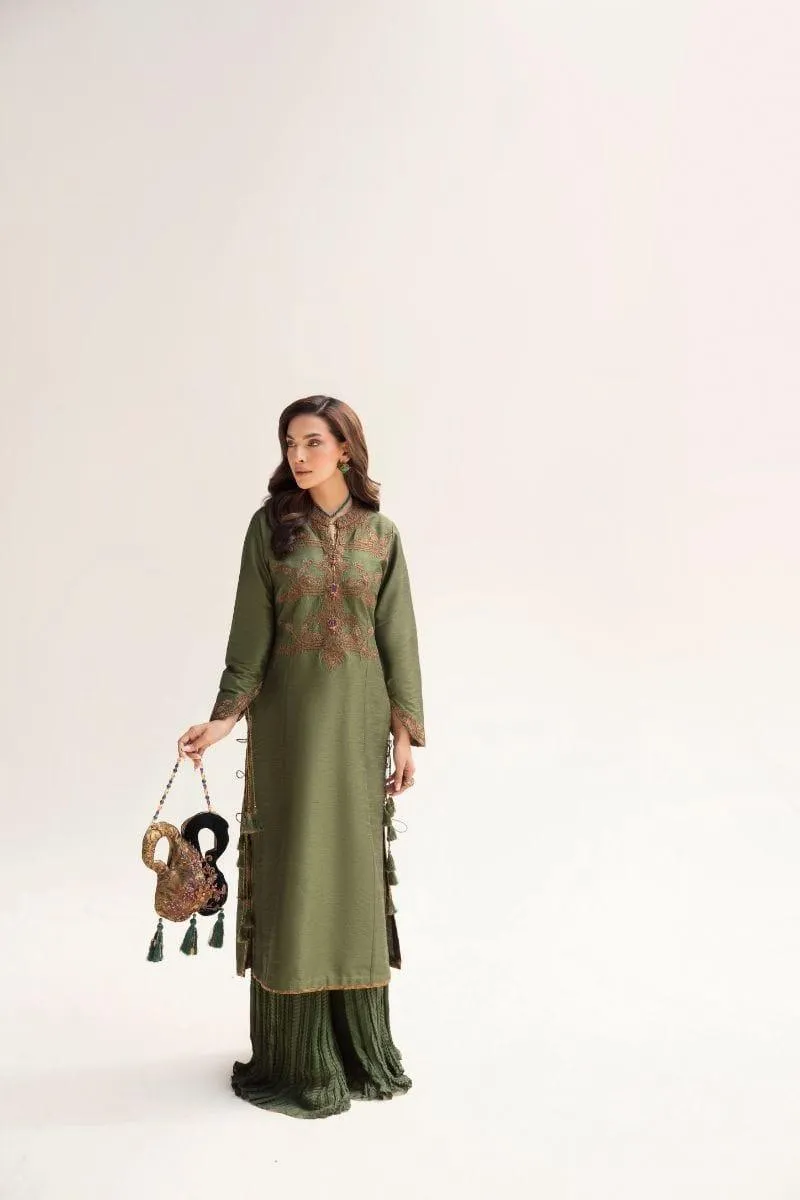 Nilofer Shahid - Emerald Raw Silk Shirt & Pure Silk Pants with Pure Velvet Shawl - 3 Piece