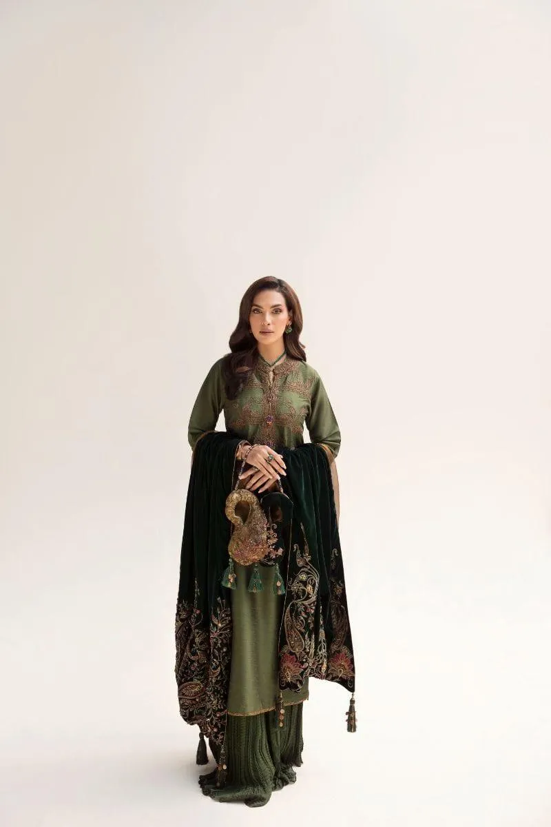 Nilofer Shahid - Emerald Raw Silk Shirt & Pure Silk Pants with Pure Velvet Shawl - 3 Piece