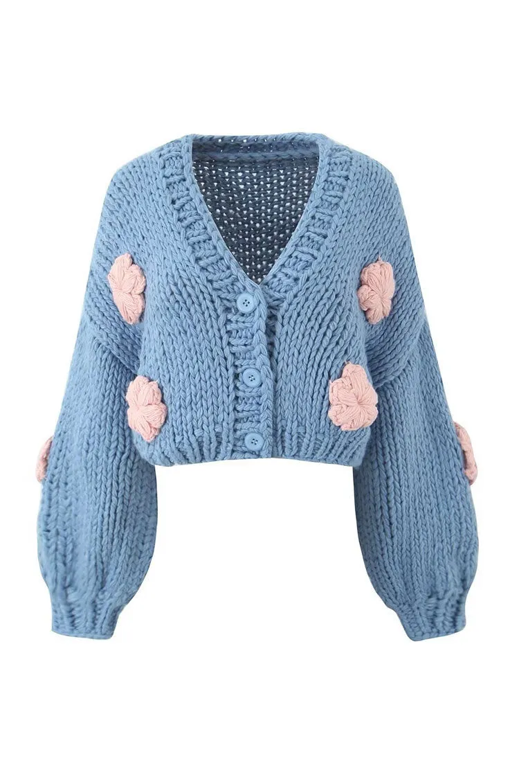 Oversized 3D Flower V Neck Button Up Chunky Yarn Croceht Knit Crop Cardigan