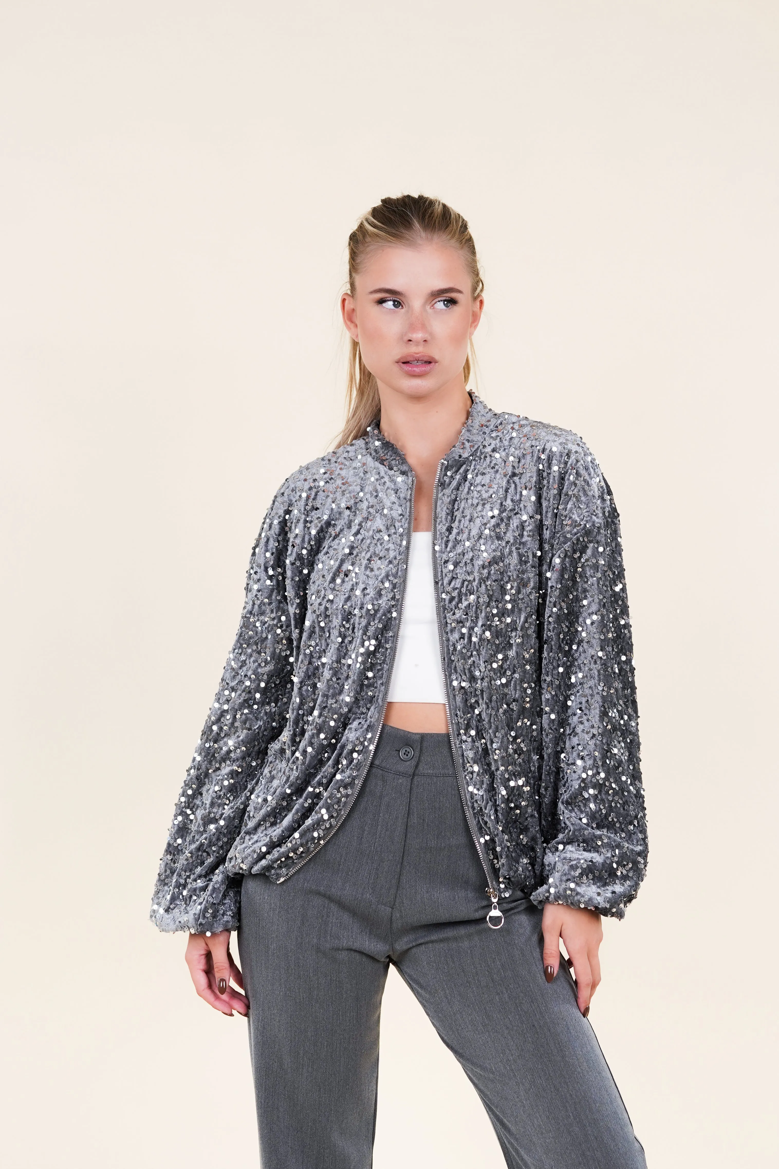 Pailletten bomber jacket zilver - Liva