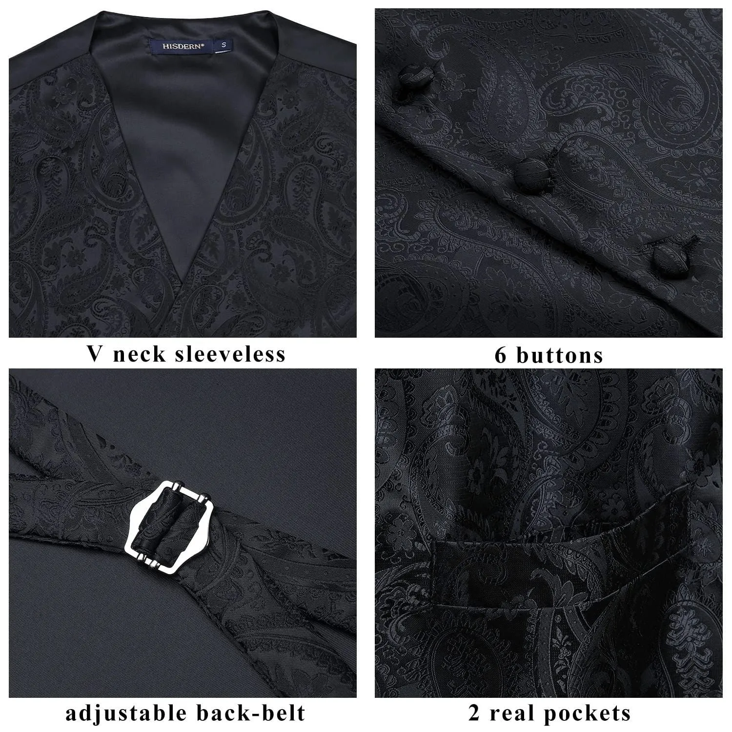 Paisley Suit Vest Tie Handkerchief Set - BLACK