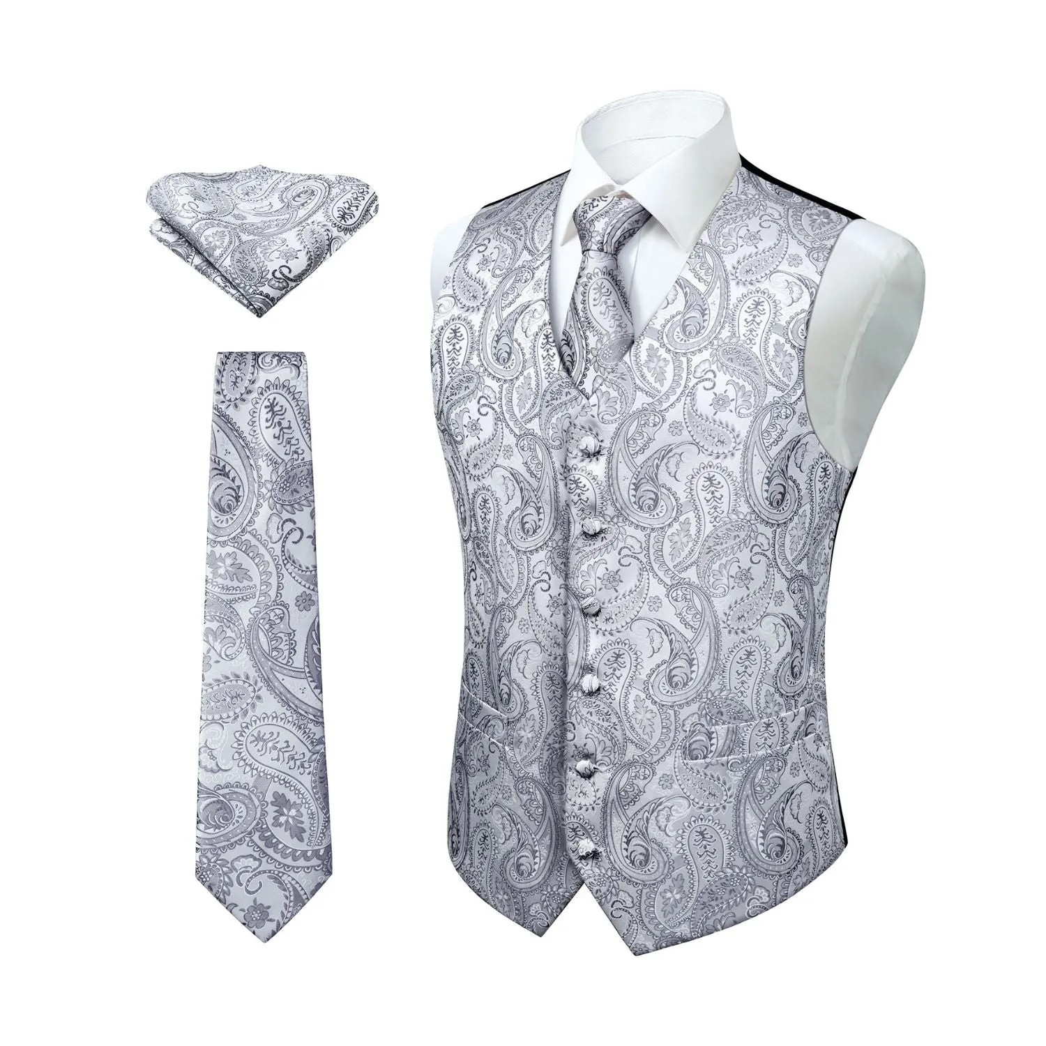 Paisley Suit Vest Tie Handkerchief Set - GRAY