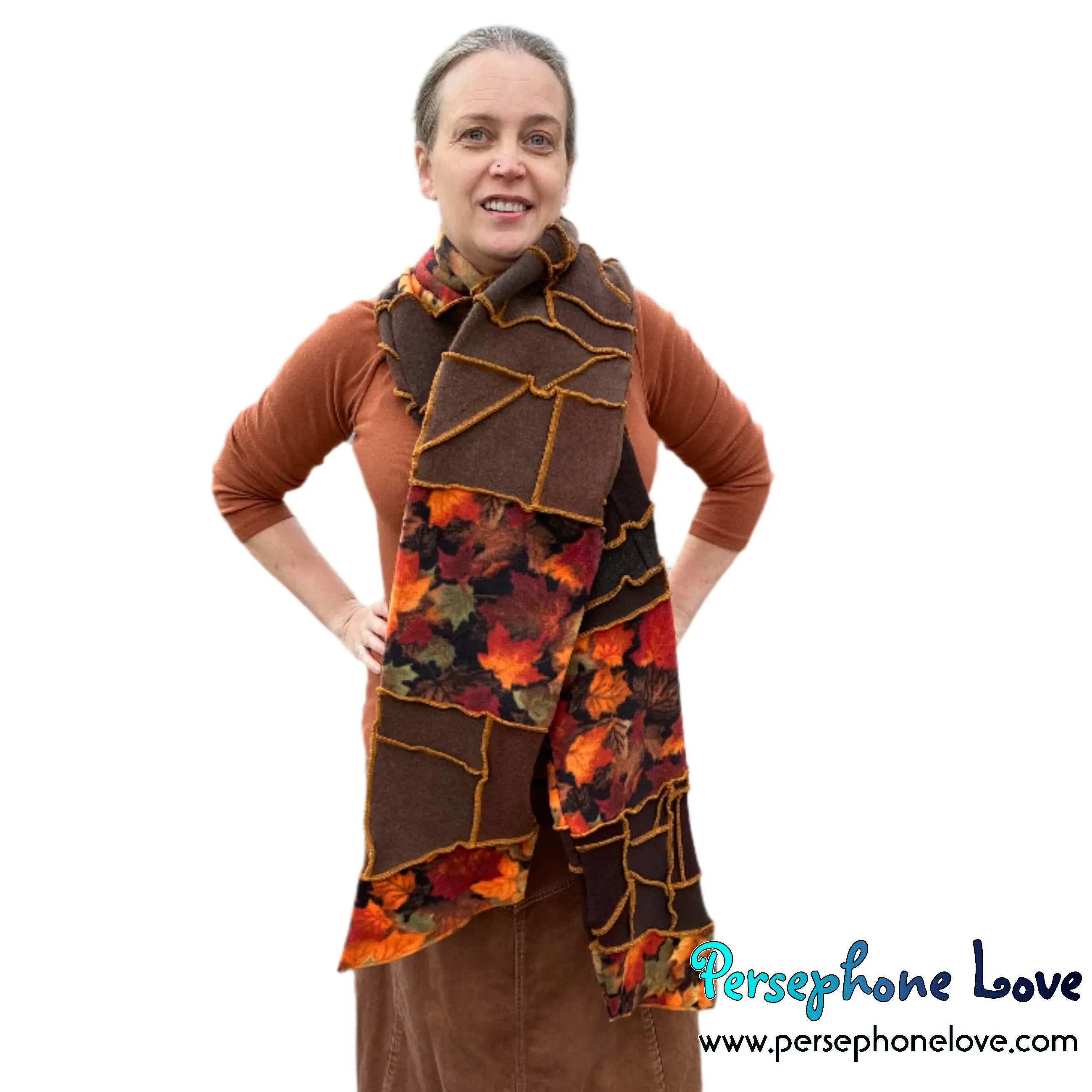 Patchwork brown 100% cashmere upcycled needle-felted sweater scarf -1746