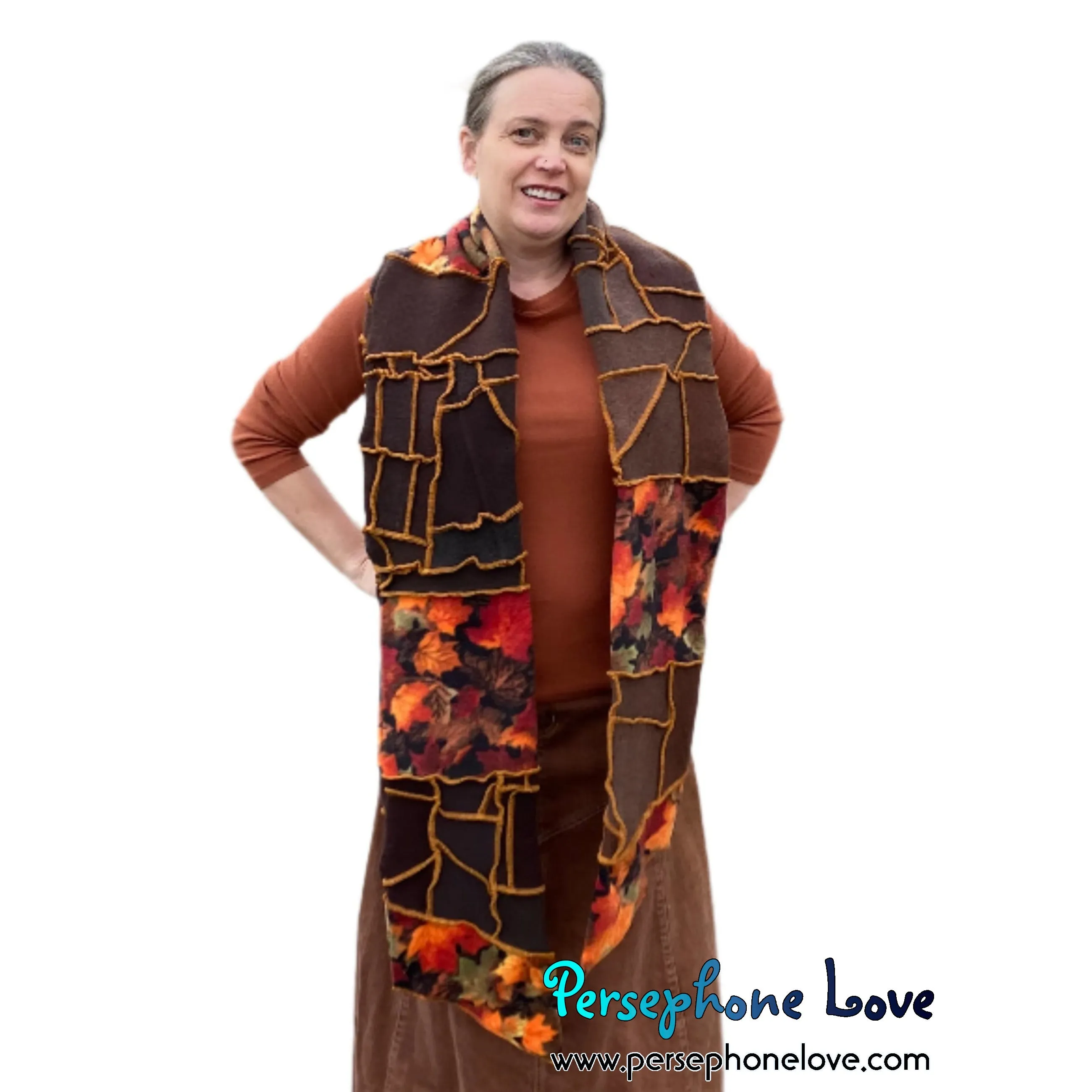 Patchwork brown 100% cashmere upcycled needle-felted sweater scarf -1746