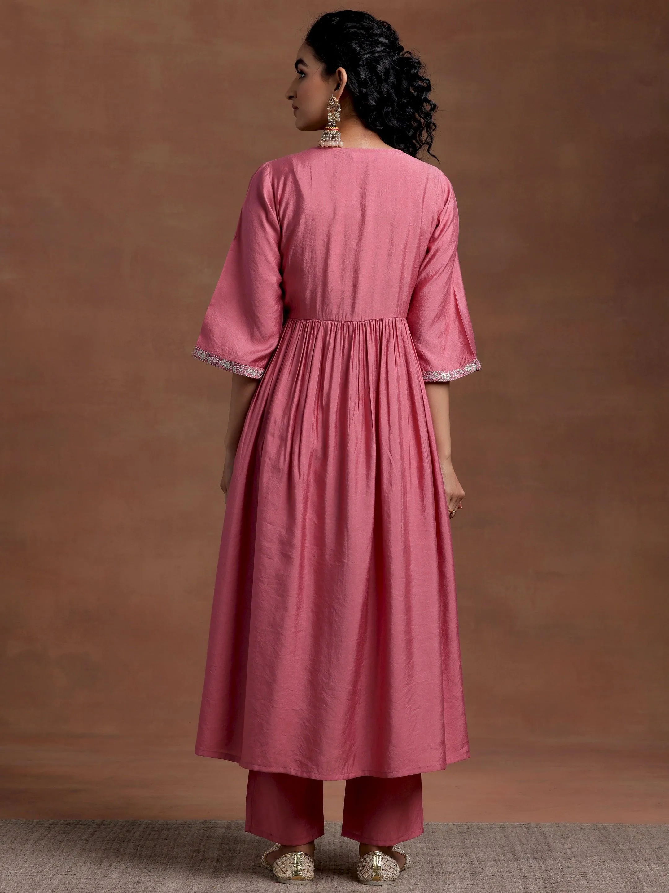 Peach Solid Silk Blend A-Line Kurta With Trousers