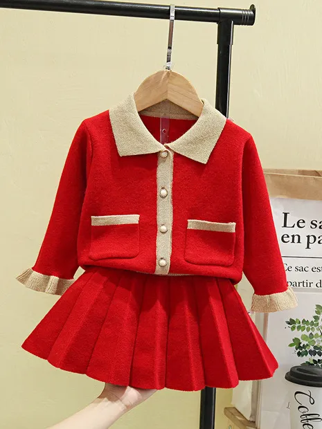 Pearl Girl Red Cardigan And Skirt Set