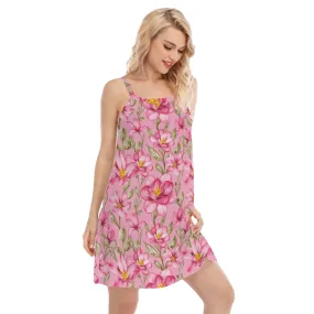 Pink Flowers Women's Sleeveless Cami Dress, Floral Print Summer Sleeveless Mini Short Cute Handmade Slip On Party Sexy Casual