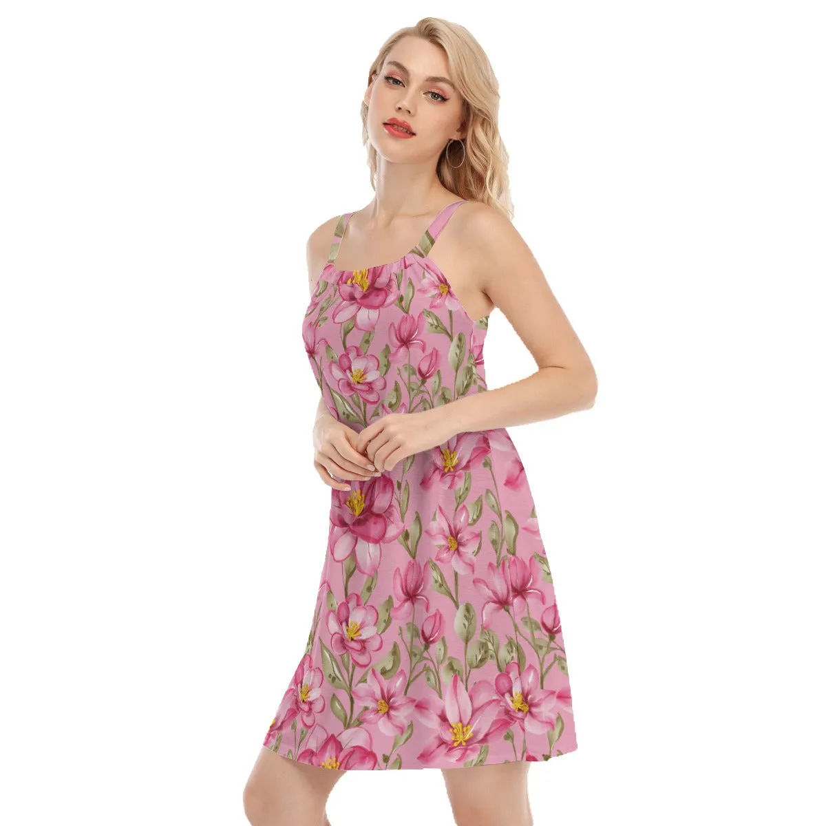 Pink Flowers Women's Sleeveless Cami Dress, Floral Print Summer Sleeveless Mini Short Cute Handmade Slip On Party Sexy Casual