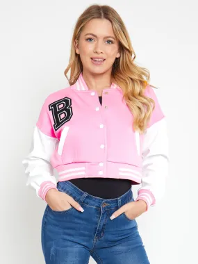 PINK VARSITY SLOGAN CONTRAST SLEEVE BOMBER JACKET