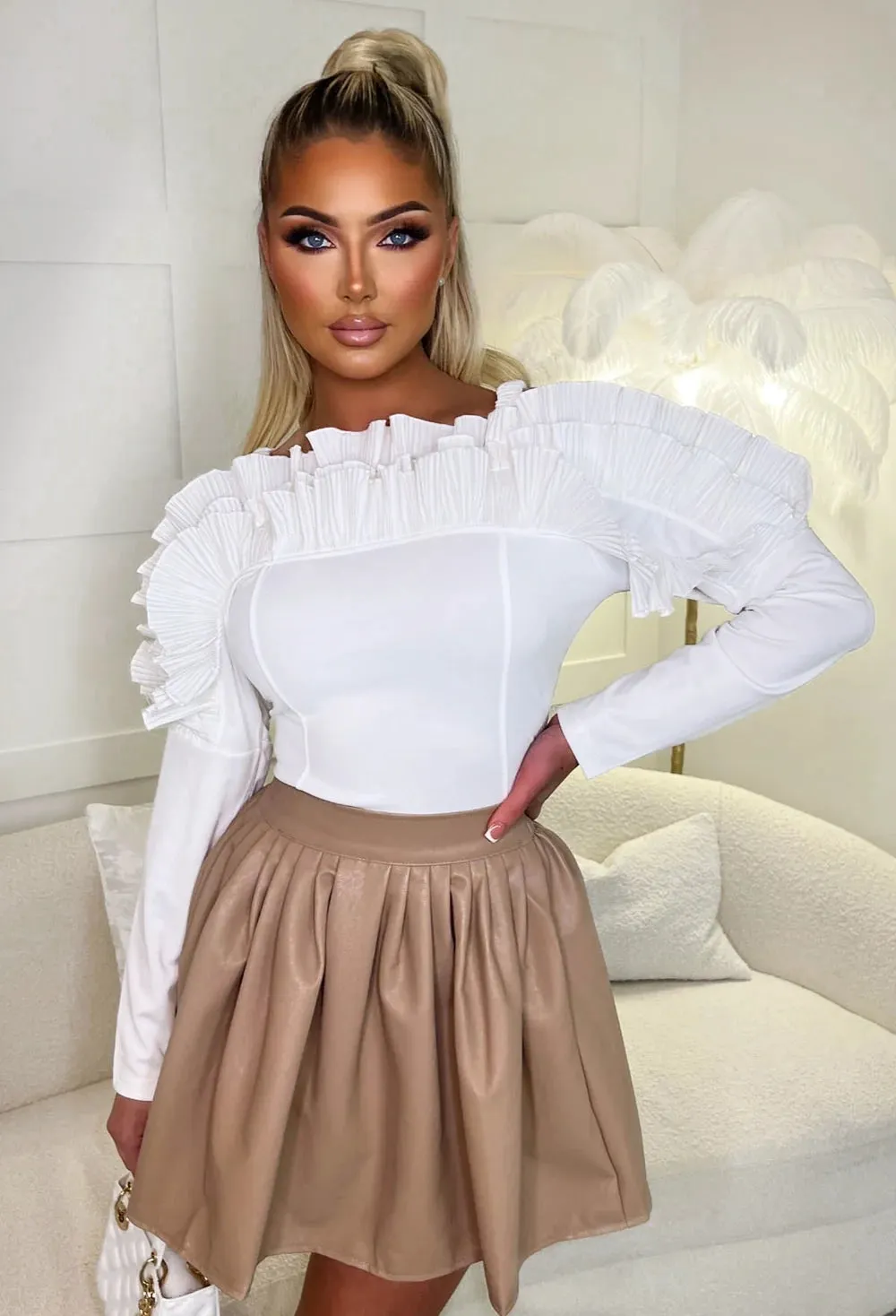 Pleated Dreams Beige Leather Pleated Mini Skirt With Stretch Waist Limited Edition