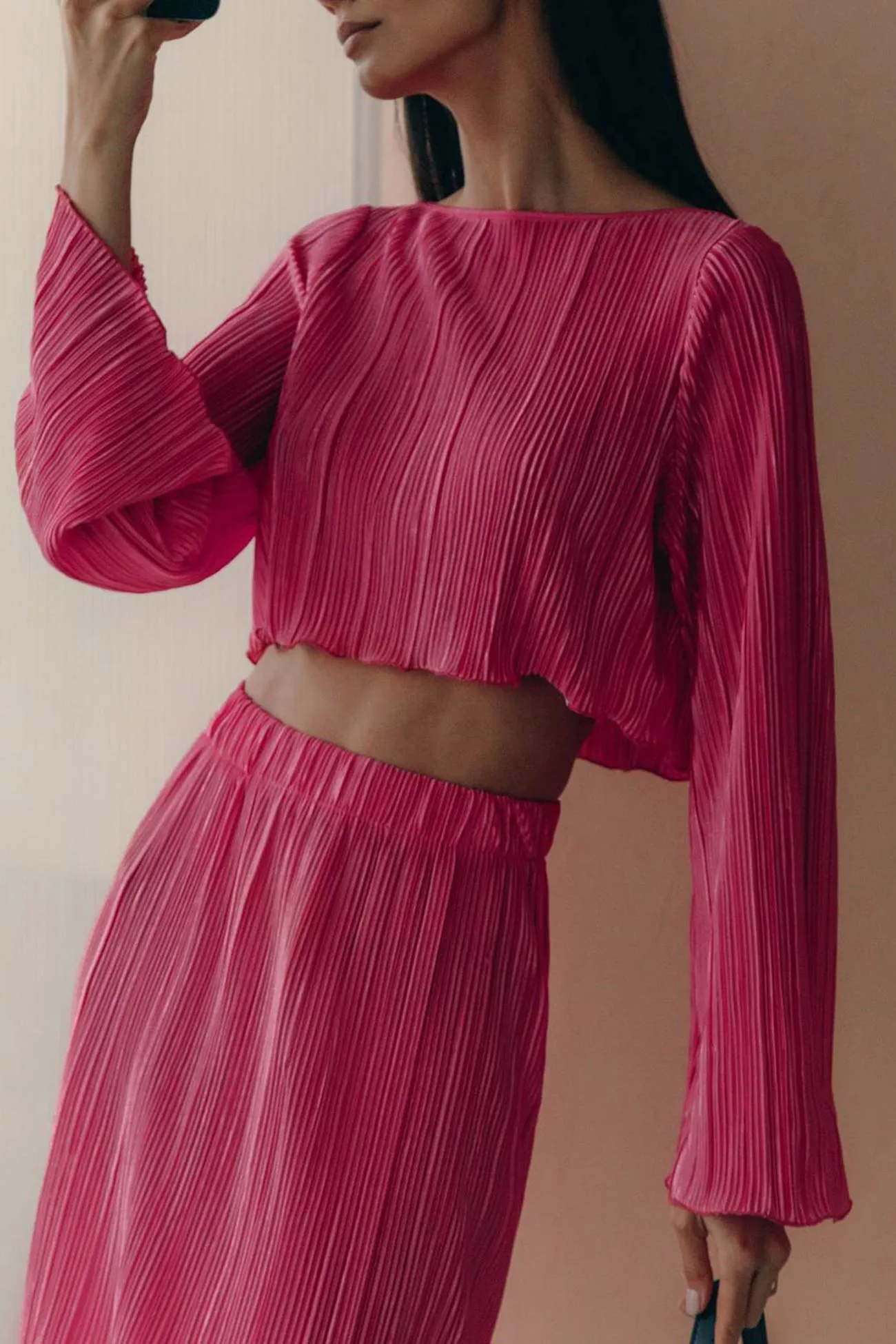 Pleated Flares Sleeve Crop Top Midi Skirt Suits