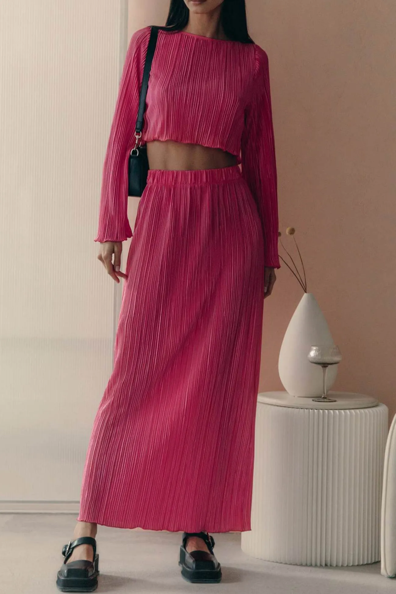 Pleated Flares Sleeve Crop Top Midi Skirt Suits