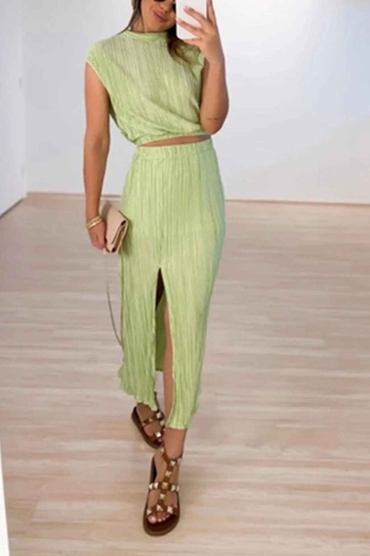 Pleated Mock Neck Crop Top High Waist Slit Skirt Suits