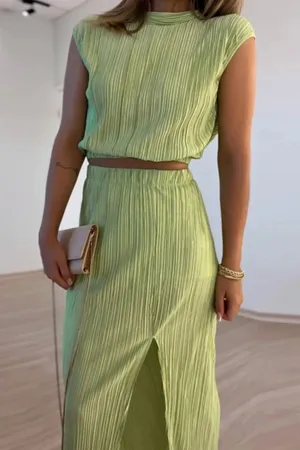 Pleated Mock Neck Crop Top High Waist Slit Skirt Suits