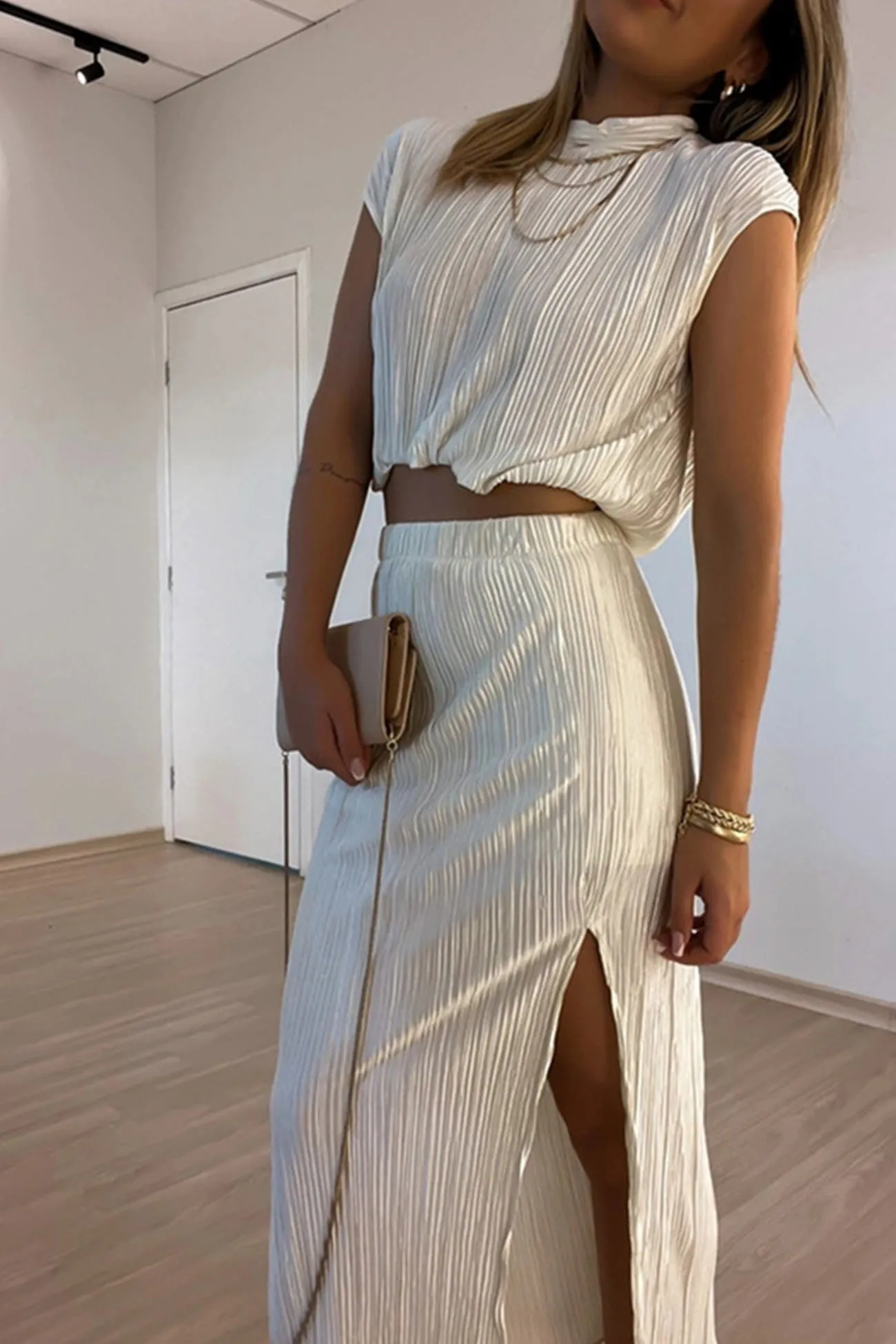 Pleated Mock Neck Crop Top High Waist Slit Skirt Suits