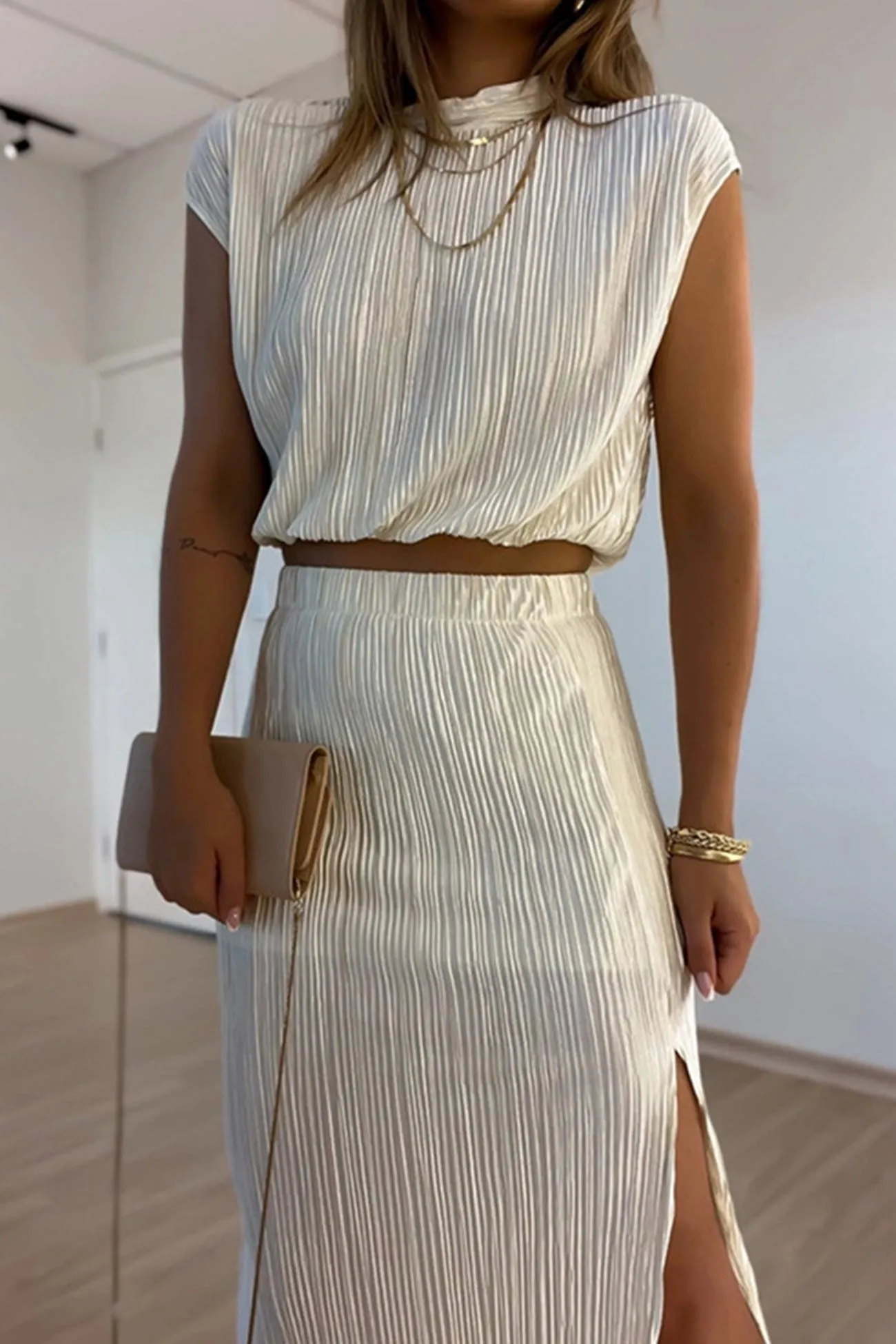 Pleated Mock Neck Crop Top High Waist Slit Skirt Suits