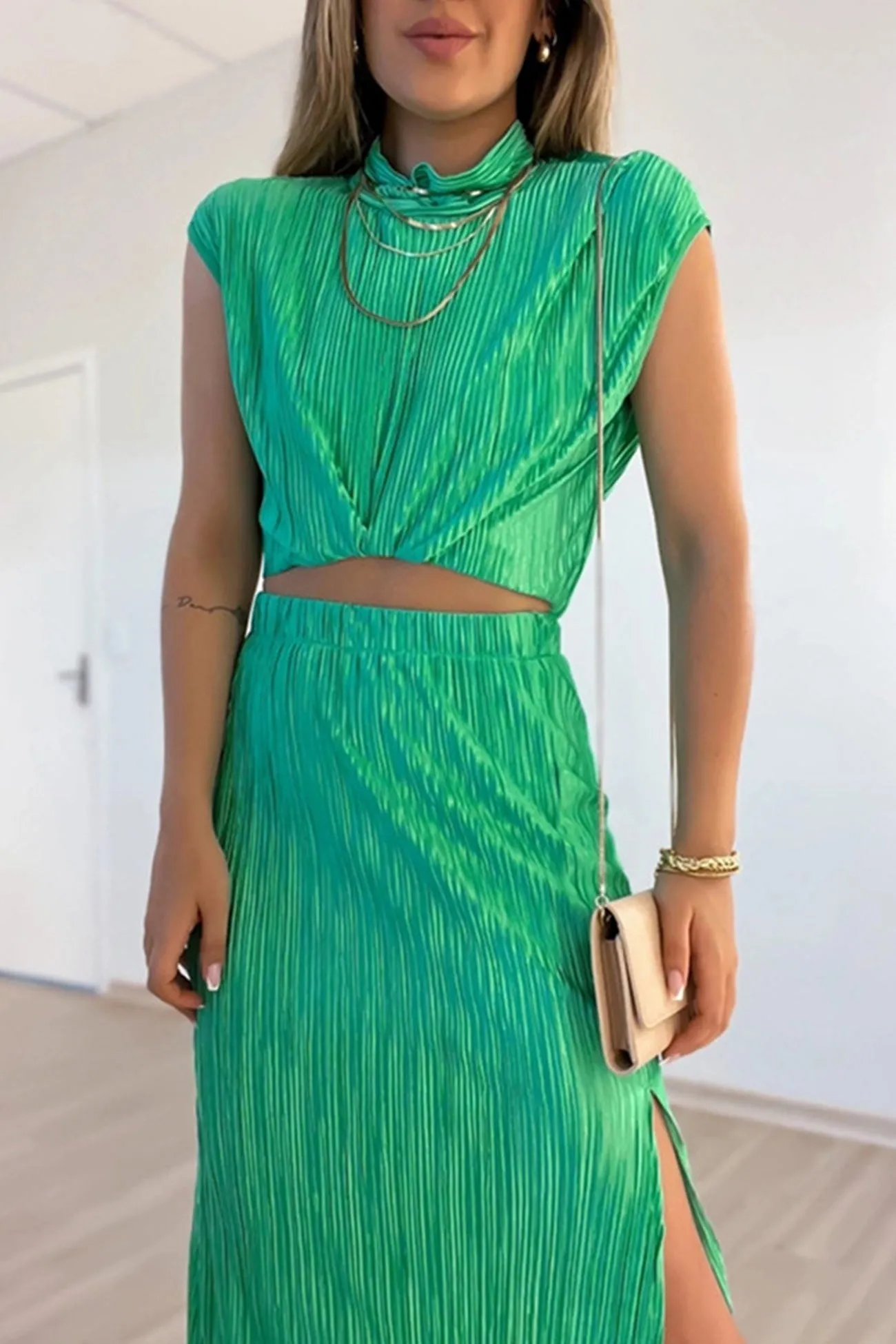 Pleated Mock Neck Crop Top High Waist Slit Skirt Suits