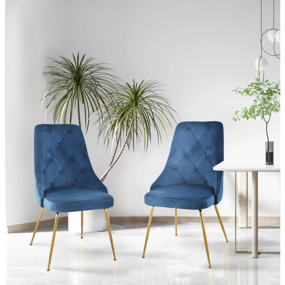 Plumeria Blue Velvet Chair with Gold Legs - Set of 2