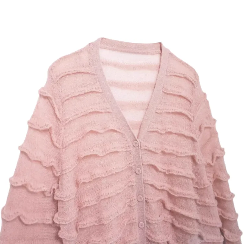 Pre Order: V-Neck Layered Ruffle Knitted Cardigan