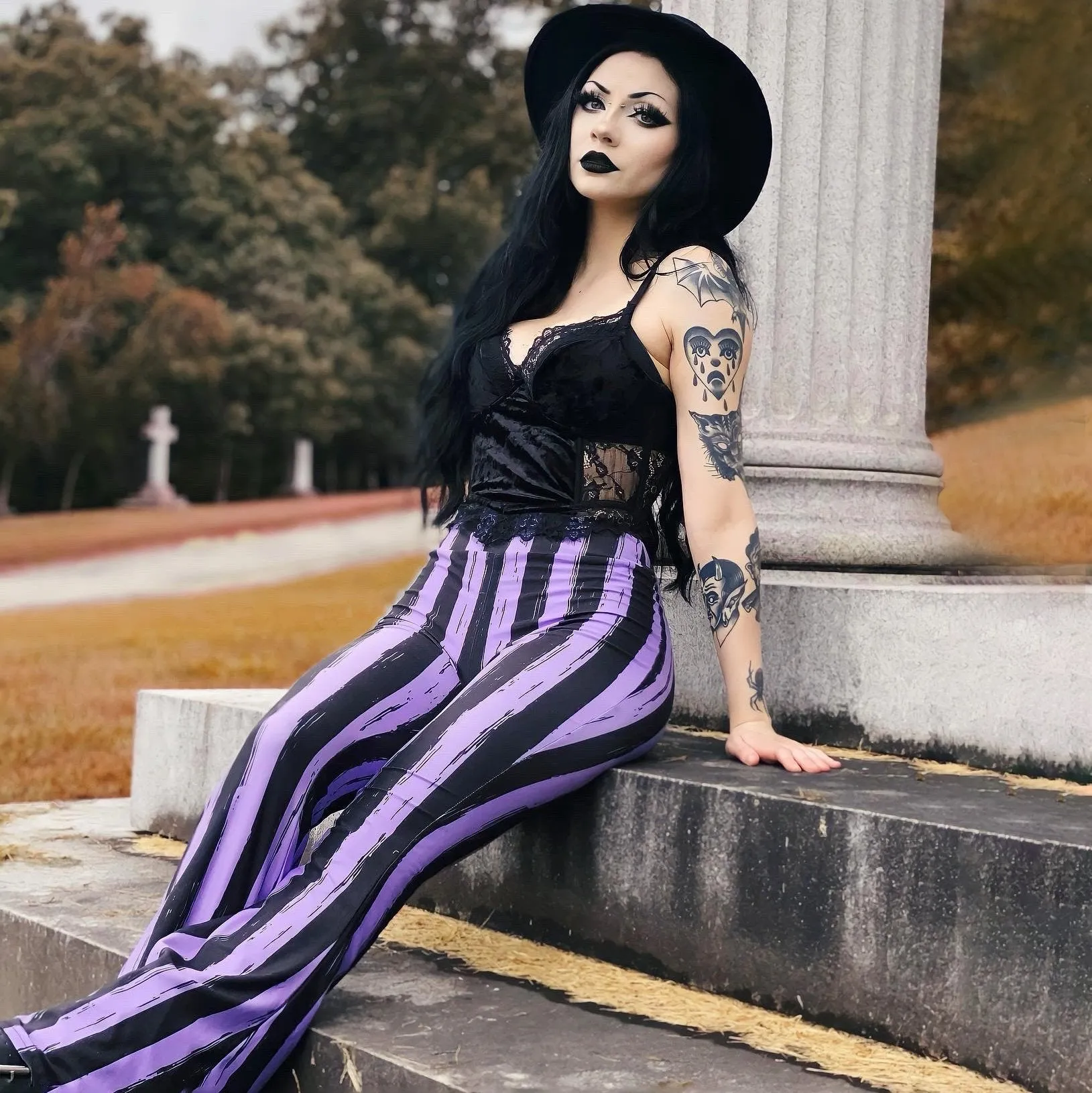 Purple Black Striped Hells Bells Flare Pants