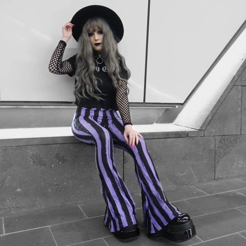 Purple Black Striped Hells Bells Flare Pants