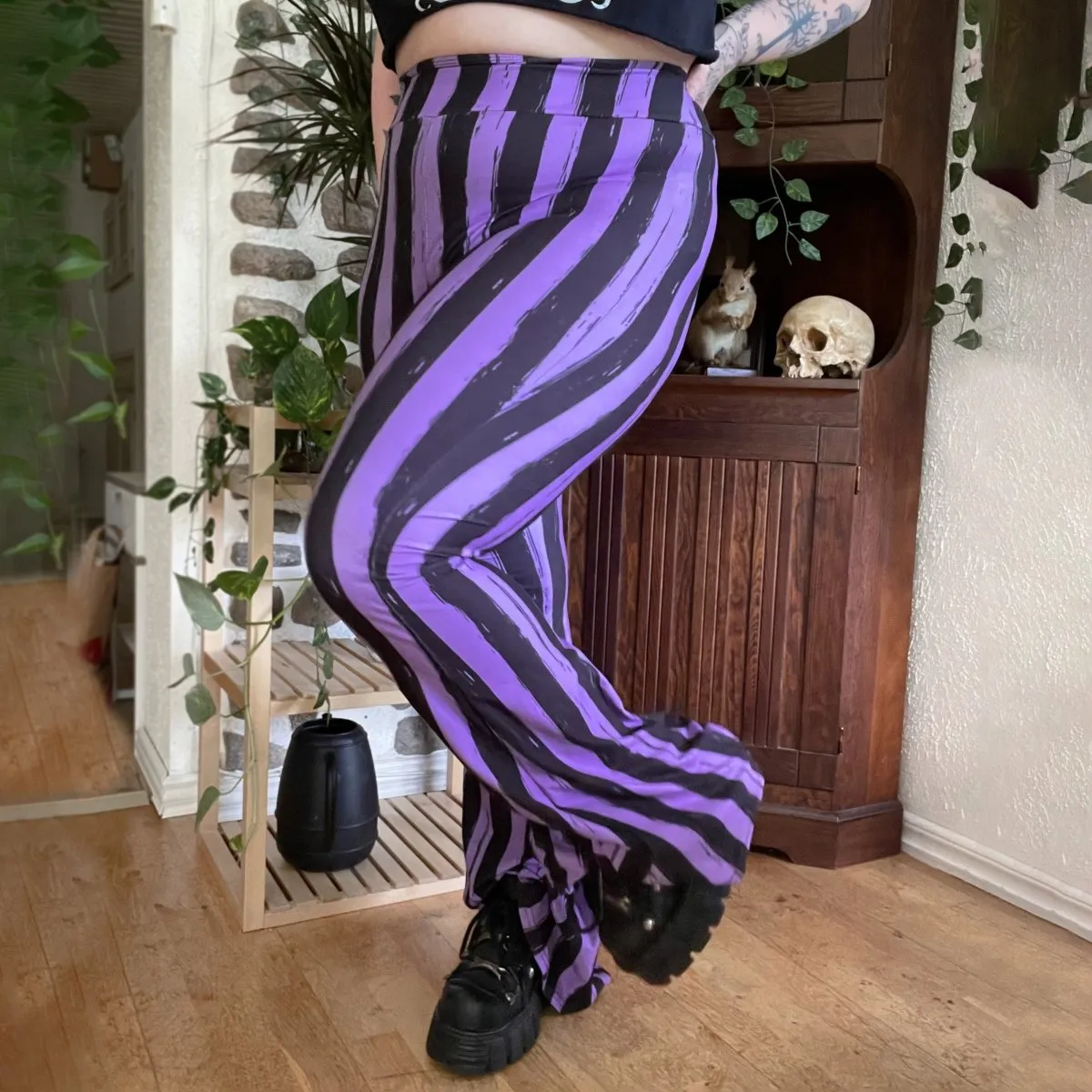 Purple Black Striped Hells Bells Flare Pants