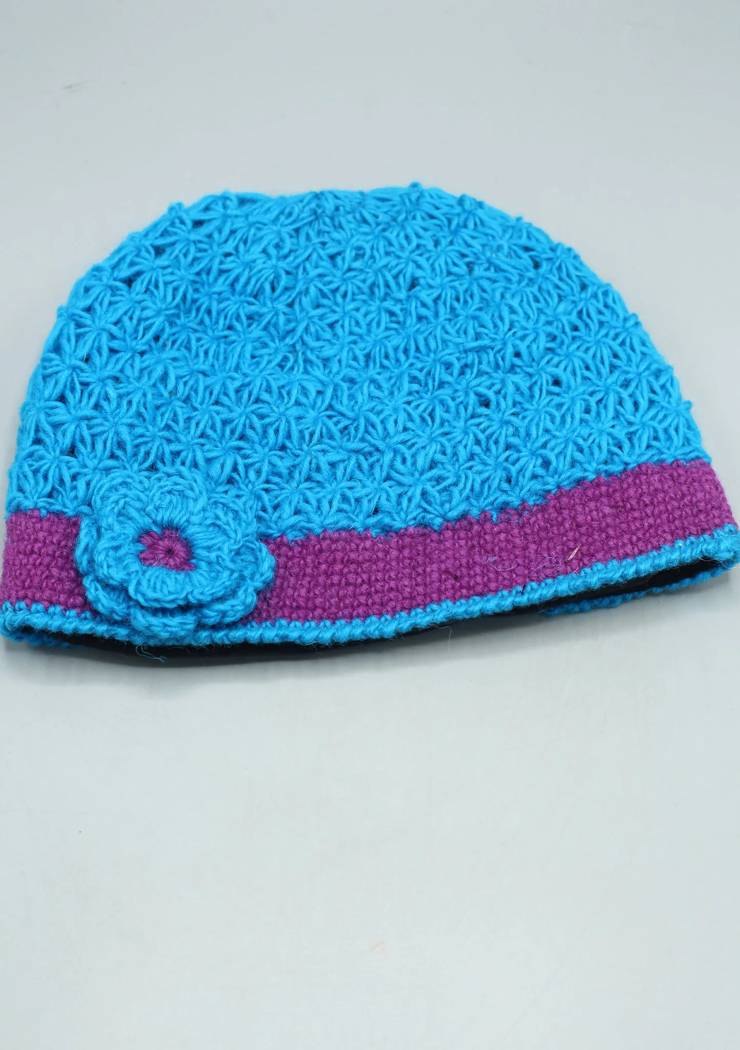 Purple Border Flower Attached Blue Soft Crocheted Woolen Beanie