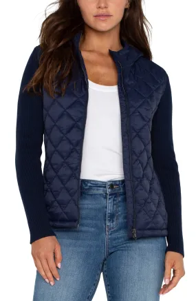 Quilted Front Full Zip Hooded Sweater | Dark Navy